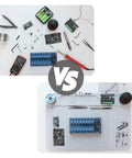 Top view comparison of workspaces: cluttered vs. organized. Featuring 2 In 1 Magnetic Helping Hands Soldering Station With Silicone Mat.