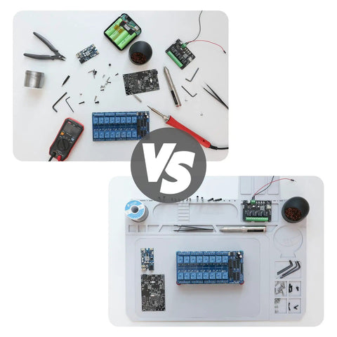 Top view comparison of workspaces: cluttered vs. organized. Featuring 2 In 1 Magnetic Helping Hands Soldering Station With Silicone Mat.