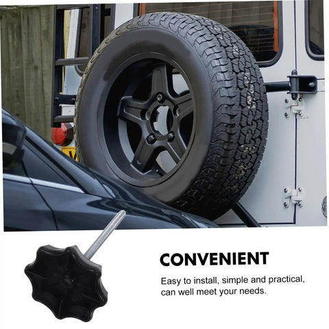 Spare Tire Hold Down Bolt Kit Universal Mounting Hardware Clamp Bolt For Cars next to a mounted spare tire on an SUV.