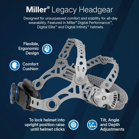 Miller Legacy headgear for Digital Infinity Auto Darkening Welding Helmet With ClearLight 4x Lens, ergonomic design and comfort cushion.