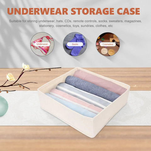 Foldable Beige Closet Storage Basket Straighten Your Space Fast Soft Polyester Cotton Linen Drawer Organizer For Socks Undies And Ties Keep The Mess Low Key Neat with rolled clothing inside.