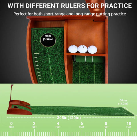 Portable Golf Putting Mat With Auto Ball Return For Indoor And Outdoor Practice 8Ft Length Realistic Green Speed Foldable Rosewood Base Durable Nylon Surface showing measurement details.