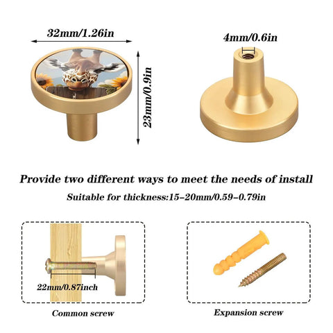 Four Pack Dope Gold Finish Cabinet Knobs Round Pulls For Drawers And Furniture, Scratch-Resistant Giraffe Sunflower Design, Dual Screw Mount, Durable Acrylic Zinc Alloy Handles For Cabinets Walls And Dressers