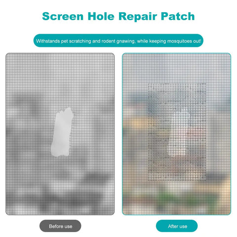 Before and after using Heavy Duty Window Screen Repair Tape For Mosquito Screens Tents And Patio Nets Easy Peel And Stick Patch Kit