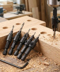 Five Piece Hex Shank Countersink Drill Bit Kit With Quick Release Crank Handle For Dead Simple Woodworking Hole Prep. Drill bits in use on wood.