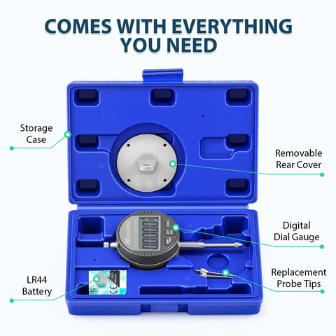 Digital Dial Indicator 1 Inch 25.4 mm With LCD Readout And Ultra Precise 0.001 mm 0.00005 In Resolution in blue storage case