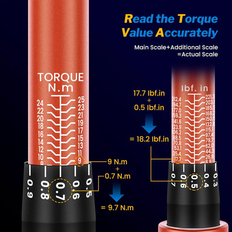 Close-up of Bike Torque Wrench Set One Quarter Inch Drive With 72-Tooth Dual Direction Click Mechanism showing torque scale.
