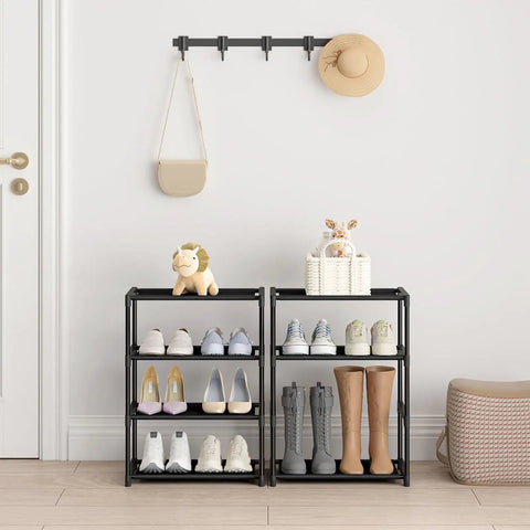 Four Tier Black Shoe Rack Compact Space Saver Shelf For Entryway Storage Heavy Metal Frame Stand That Is Totally Built Different And Gonna Organize Your Life Smoothly Without Any Hassle At All Today