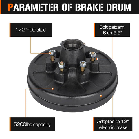 Aeagle brake drum hub with 6 on 5.5 bolt circle, black cast iron for 5200 lb trailer axles