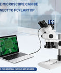 Professional Trinocular Stereo Zoom Microscope With 56 LED Ring Light For Close Up Work 6X To 45X Magnification, WF10X Eyepieces, 0.6X To 4.5X Zoom Objective, 0.5X CTV Trinocular HD Adapter, Camera Ready connected to laptop