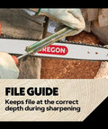 Person using a Universal Chainsaw Sharpening Kit With 5/32 Inch Round File, 3/16 Inch Round File, filing guide on chainsaw blade
