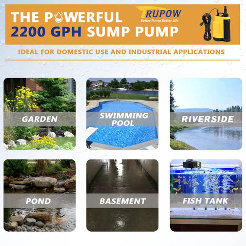 Half HP Submersible Sump Pump 2200 GPH For Clean Or Dirty Water with swimming pool and garden use options