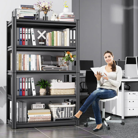 Heavy Duty Adjustable Garage Shelving Unit With 5 Tier Steel Racks No Fuss Quick Install Utility Shelves organized with office items