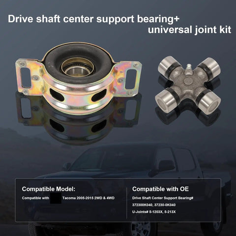 Drive Shaft Center Support Bearing and U-Joint Kit for Toyota Tacoma and Tundra vehicles displayed on black background.