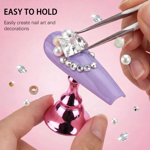 Pink Nail Art Display Stands Set With 54 Adhesive Putty Pieces shown with pearl and gem decorations.