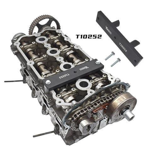 Beefed Up Camshaft Alignment And Timing Tool Kit For Audi And VW 2.0 FSI TFSI Petrol Engine with visible T10252 tool in place.