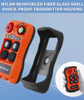 Orange wireless crane remote control with green start button and four control buttons; includes black protective handle.