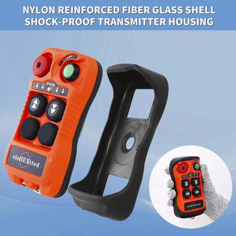 Orange wireless crane remote control with green start button and four control buttons; includes black protective handle.