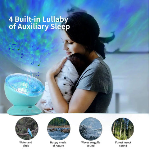 Ocean Wave Night Light Projector For Kids Room With Remote And Timer, mother holding baby under soothing blue projection