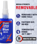 Blue Thread Locker M243 Medium Strength bottle for nuts, bolts, and fasteners, showing product details and specifications.