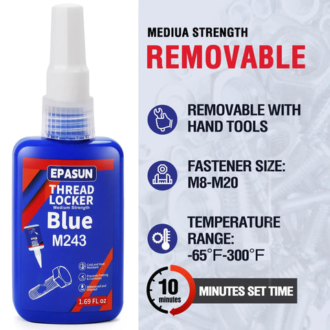 Blue Thread Locker M243 Medium Strength bottle for nuts, bolts, and fasteners, showing product details and specifications.