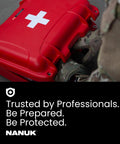 Red NANUK 903 waterproof first aid box; angled side view carried by camo-clad user
