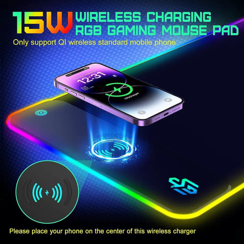 Wireless Charging RGB Gaming Mouse Pad 15W With 10 Light Modes, Extra Large 800x300x4MM Non Slip Rubber Base Desk Mat