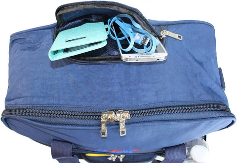 Under Seat Personal Item Bag That Fits 16 x 14 x 7 Inches Navy, Compact Yet Spacious, showing open pocket with accessories