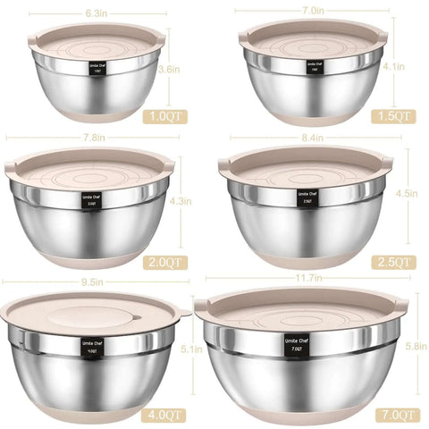 26 Piece Stainless Steel Mixing Bowls Set With Airtight Lids And Grater Attachments Non Slip Bottoms Khaki Kitchen Gadgets sizes