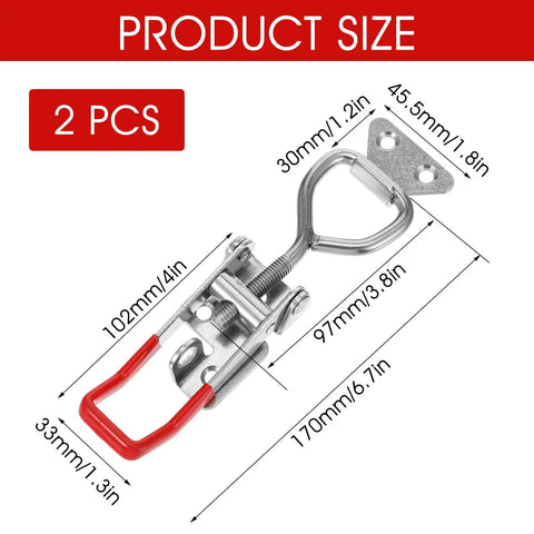 Heavy Duty Toggle Latch Clamp Set With Lock Holes, 304 Stainless Steel, size dimensions with red handle, 2 Pack