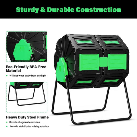 Rotating Dual Chamber Compost Bin with No Fuss Assembly and Fast Efficient Outdoor Composting for Yard Kitchen and Garden Waste 45 Gallon 170 Liter Capacity Green Door Ideal