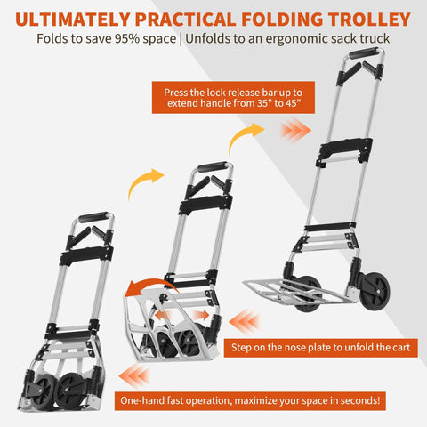 Heavy Duty Folding Hand Truck With 360 Degree Rotating Handle And Rock Solid 330 Lbs Capacity Smooth Rolling Aluminum Dolly Cart demonstrating folding mechanism.
