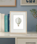 Wood Framed Hot Air Balloon Wall Art for Nursery and Kids Room on desk, Vintage Baby Decor Canvas Print, 8x10 Inch in sage green.