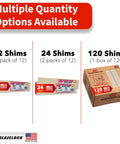 Prescored Bulk Wood Shims For Door Leveling And Window Spacing With 120 Pack Tapered Construction Wedges displayed in 12, 24, and 120 counts.