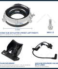 Four automotive parts: locking hub actuator (front view) with M6 bolt; vacuum solenoid; vacuum solenoid valve with lines.