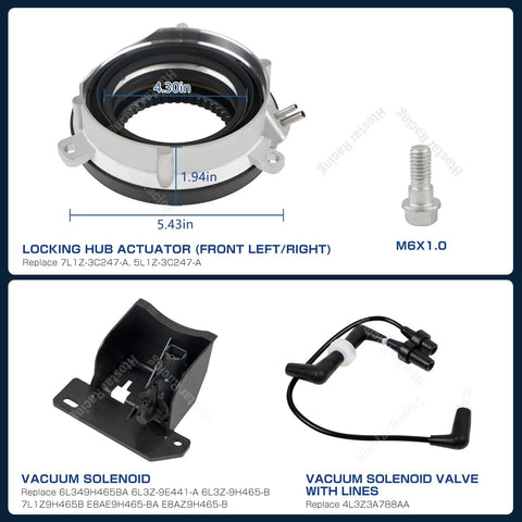 Four automotive parts: locking hub actuator (front view) with M6 bolt; vacuum solenoid; vacuum solenoid valve with lines.