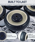 Close-up of waterproof replacement shopping cart wheels, part of Five Inch Shopping Cart Replacement Wheels Kit Eight Pack Polyurethane.