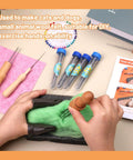 Hands using Needle Felting Kit With 127 Pcs Needles In Four Gauges 42 40 38 36, Pro Grade Wooden Handle Tools, Foam Pad visible