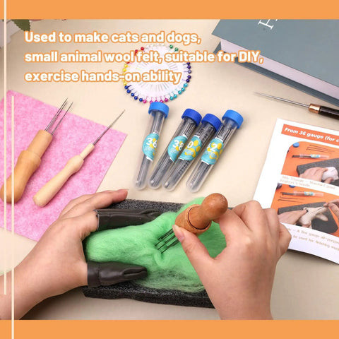 Hands using Needle Felting Kit With 127 Pcs Needles In Four Gauges 42 40 38 36, Pro Grade Wooden Handle Tools, Foam Pad visible