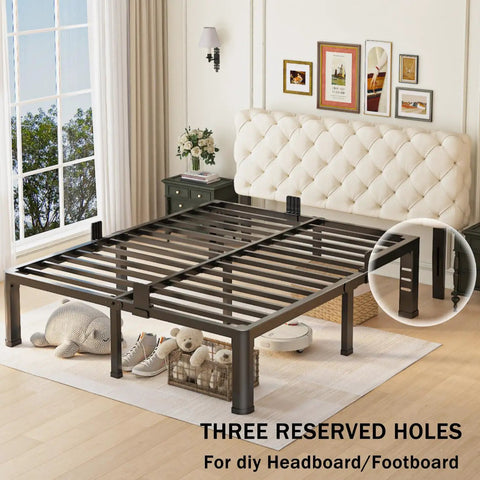 Full Size Metal Platform Bed Frame Standing 14 Inches Tall With Reinforced Steel Slats Built Legit Heavy Duty Crushing Up To 3500 lbs Ditch The Box Spring Completely Lightning Quick Setup Dead Silent With Anti Slide Bars And Rounded Corner Legs with reserved holes for DIY headboard.