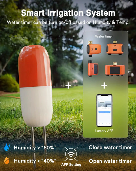 2-In-1 Wireless Soil Meter With WiFi And Bluetooth, Real-Time Moisture And Temperature Monitoring Via App, No Hub Needed, IP67 Outdoor Hygrometer For Lawn And Greenhouse displaying water timer
