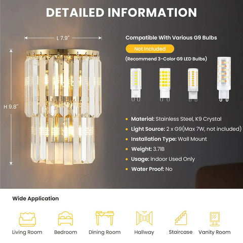 Two Light Crystal Wall Light With K9 Crystals And Gold Stainless Steel Frame Modern Bedside Wall Sconce 10x8 Luxe Gold Finish