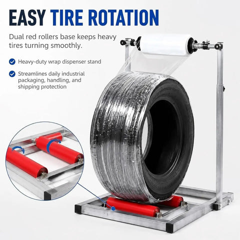 Hella Adjustable Tire Wrap Dispenser Stand For Car And Truck Wheels With Dual Roller Base Smooth Rotating Platform, showing heavy-duty design.