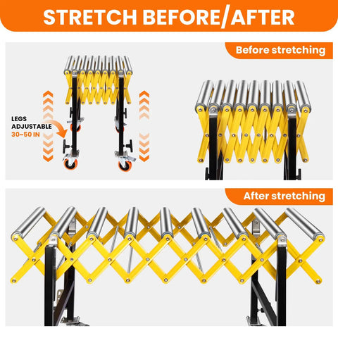 Heavy Duty Commercial Expandable Roller Stand With 700 Lbs Capacity, Adjustable Gravity Conveyor System For Workshop Material Handling before and after stretching, showing adjustable height from 30-50 in.