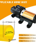 No Sweat 12V 75W Electric Gas Fuel Transfer Pump Set with yellow hose showing applicable sizes for inner and outer diameters.