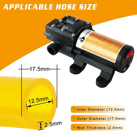 No Sweat 12V 75W Electric Gas Fuel Transfer Pump Set with yellow hose showing applicable sizes for inner and outer diameters.