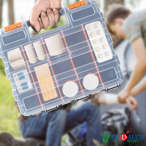 Person holding Grab And Go 34 Compartment Double Sided Tool Organizer Case With Removable Dividers for small parts in clear view