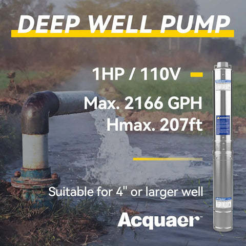 Image of a 1 HP 110V Deep Well Submersible Pump With 36 GPM And 207 ft Head, showing stainless steel 4 inch well pump by irrigation pipe.