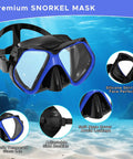Blue and black Two Window Panorama Snorkel Mask For Adults With Dry Top Snorkel Tempered Glass Dive Mask Nose Cover Goggles underwater.