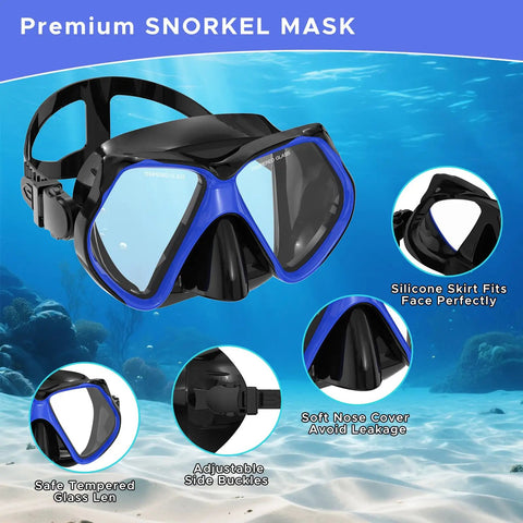 Blue and black Two Window Panorama Snorkel Mask For Adults With Dry Top Snorkel Tempered Glass Dive Mask Nose Cover Goggles underwater.